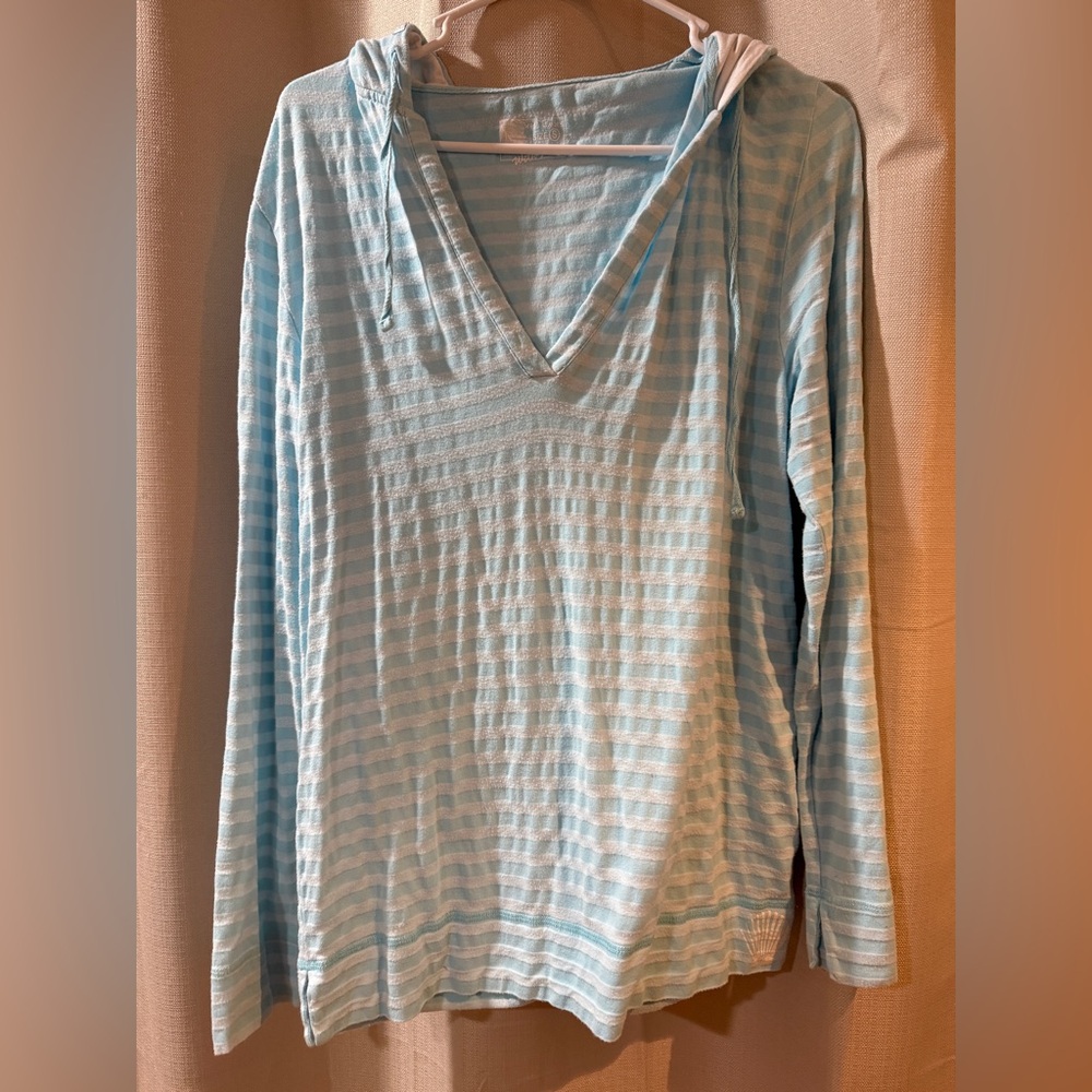 West Indies long sleeve hooded top womens size small blue and white soft